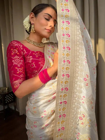 India Silk Presents White Banarasi Soft Silk Sarees That Blend Traditional Artistry With Everyday Comfort