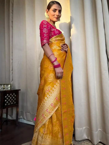 India Silk Presents Yellow Banarasi Soft Silk Sarees That Blend Traditional Artistry With Everyday Comfort