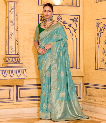 Sea Green Silk Saree with Rich Zari Weaving | Elegant Indian Saree UK