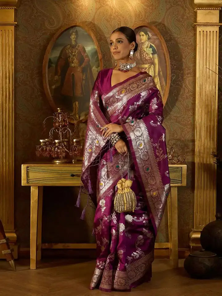 India Silk Present Purple Banarasi Soft Silk Saree Combines Rich Tradition With Luxurious Comfort