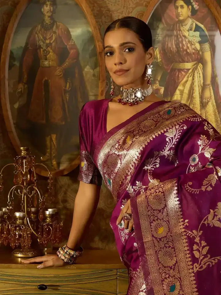 India Silk Present Purple Banarasi Soft Silk Saree Combines Rich Tradition With Luxurious Comfort