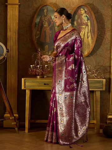 India Silk Present Purple Banarasi Soft Silk Saree Combines Rich Tradition With Luxurious Comfort