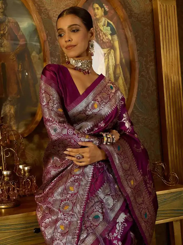 India Silk Present Purple Banarasi Soft Silk Saree Combines Rich Tradition With Luxurious Comfort