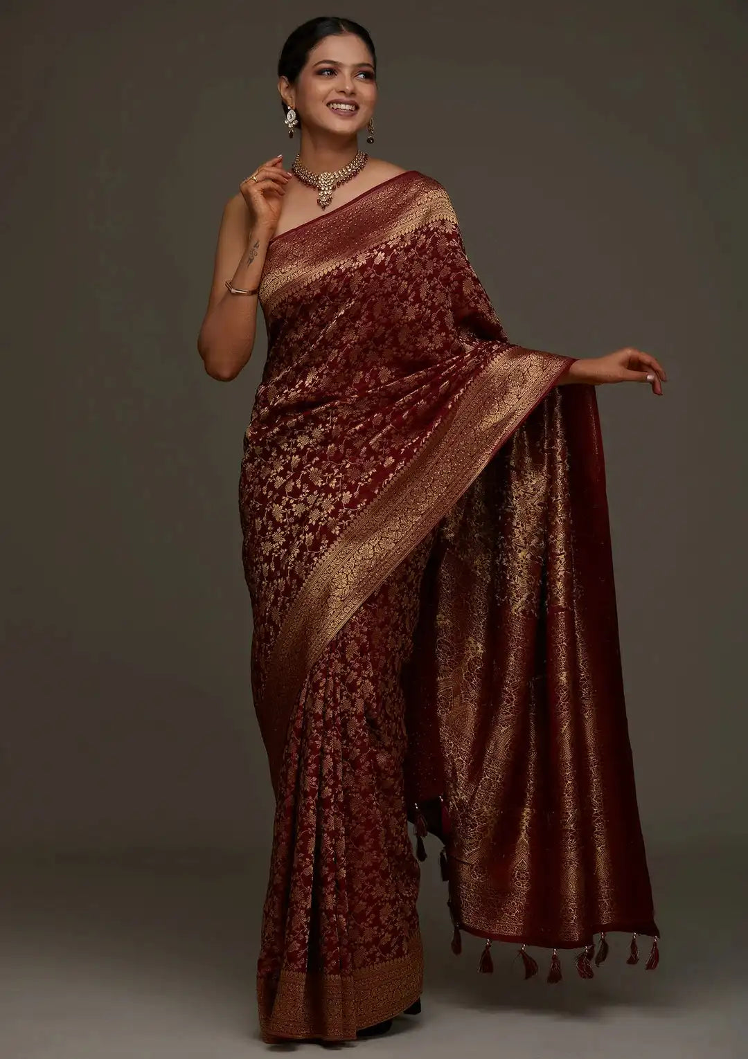 India Silk Presents Maroon the Banarasi Soft Silk Saree A Perfect Blend Of Tradition And Comfort