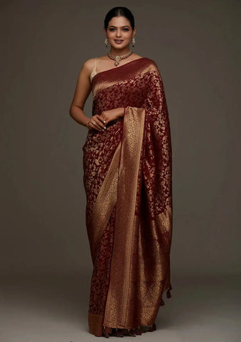 India Silk Presents Maroon the Banarasi Soft Silk Saree A Perfect Blend Of Tradition And Comfort