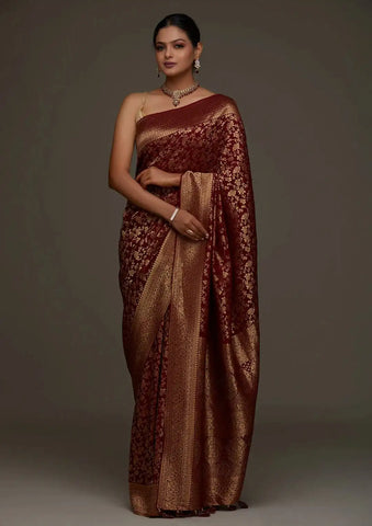 India Silk Presents Maroon the Banarasi Soft Silk Saree A Perfect Blend Of Tradition And Comfort