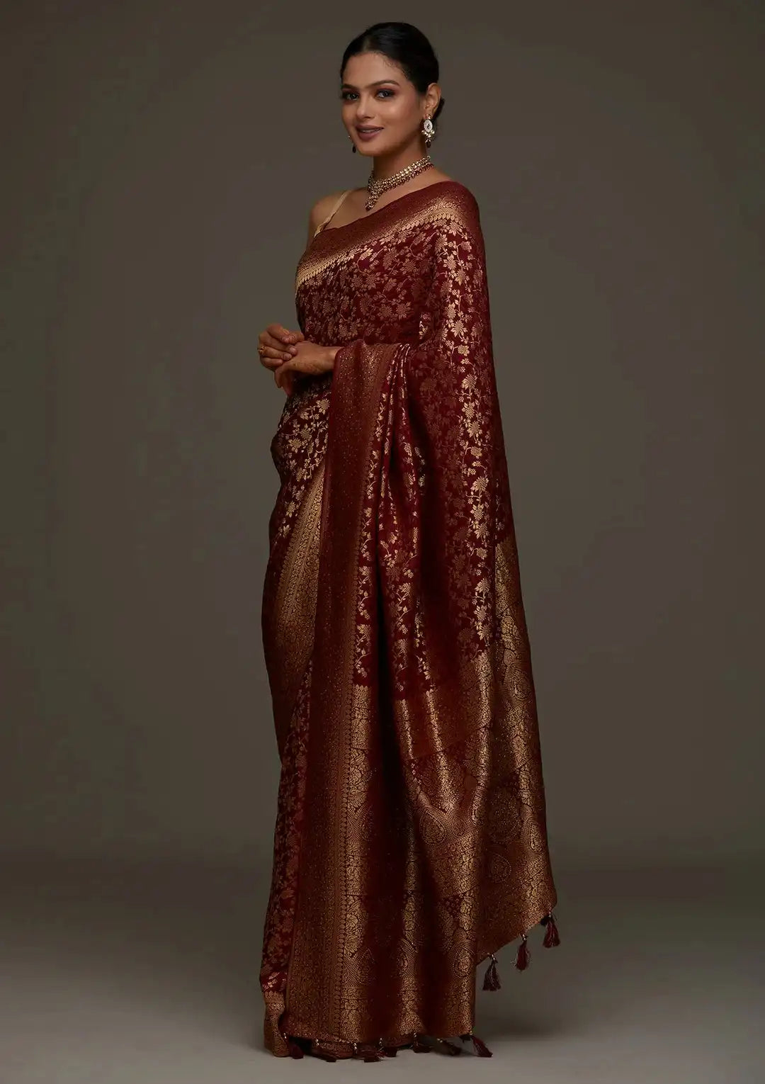 India Silk Presents Maroon the Banarasi Soft Silk Saree A Perfect Blend Of Tradition And Comfort