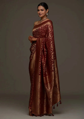 India Silk Presents Maroon the Banarasi Soft Silk Saree A Perfect Blend Of Tradition And Comfort