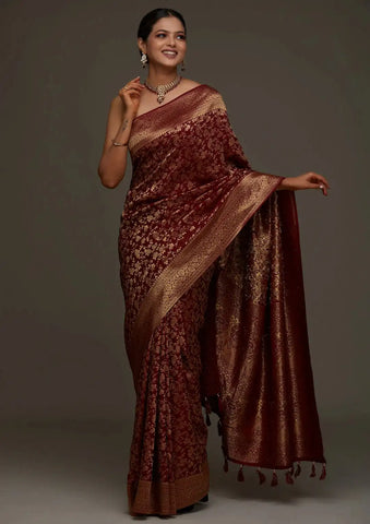 India Silk Presents Maroon the Banarasi Soft Silk Saree A Perfect Blend Of Tradition And Comfort
