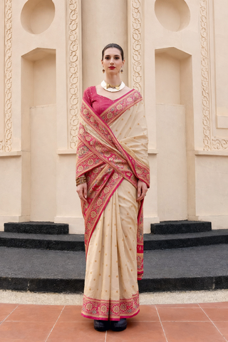 Cream Banarasi Silk Saree with Zari Border | Traditional Indian Ethnic Wear