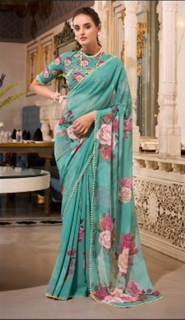 Sea Green Floral Printed Saree with Pearl Border | Elegant Sarees UK