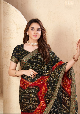 Black Traditional Bandhani Silk Saree with Woven Motifs | Premium Indian Ethnic Wear