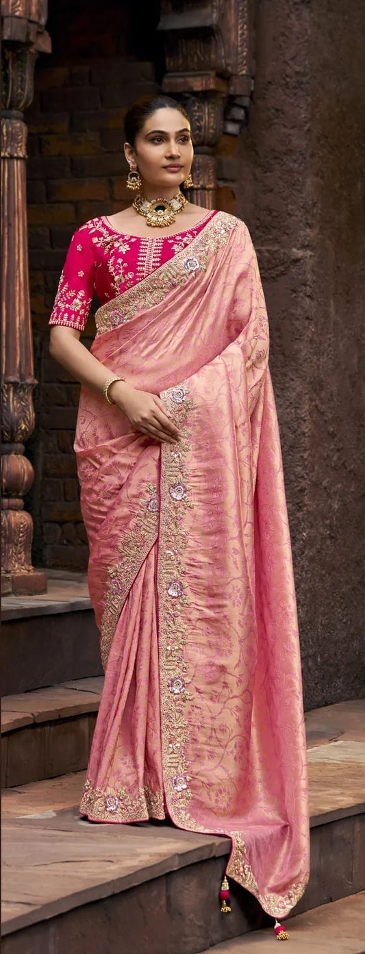 Pink Viscose Self Tissue SIlk Designer Saree With Heavy Blouse