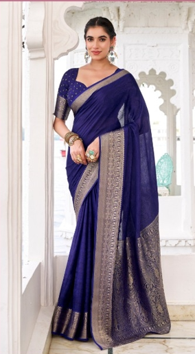 Royal Blue Luxury Silk Blend Sarees with Woven Border | Elegant Indian Sarees UK