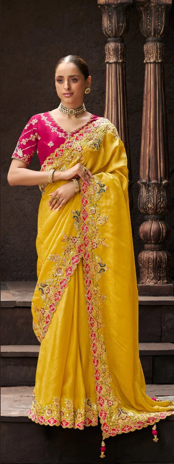 Gold Embroidery Sequins Work  Tradional Viscose Tissue Saree