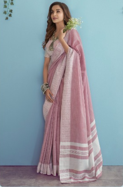 Premium Linen Cotton Pink Colour Sarees for Women | Elegant Designer Indian Sarees UK