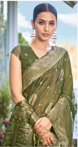 Banarasi Silk Saree – Olive Green Zari Weave - Premium Look -UK
