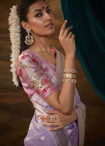 Lavender Embroidered Saree with Floral Border | Elegant Indian Ethnic Wear UK