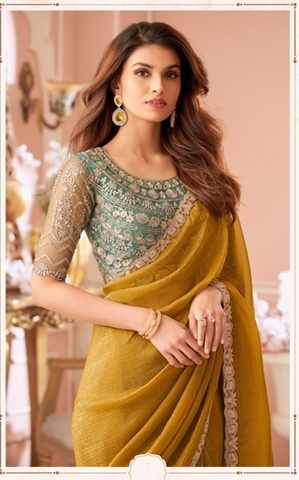 Mustard Designer Embroidered Saree with Blouse | UK Online Store
