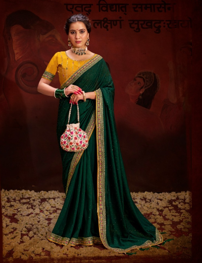 GREEN COLOUR HEAVY VICHITRA BLOOMING WITH SWAROVSKI WORK &SEQUENCE UNIQUE BORDER