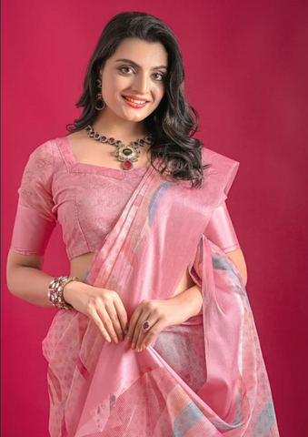 Pink Premium Printed Pure Linen Saree with Elegant Floral Design – Lightweight Party Wear Indian Saree UK