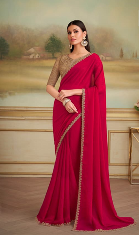Red Saree with Lavender Border | UK Ethnic Wear