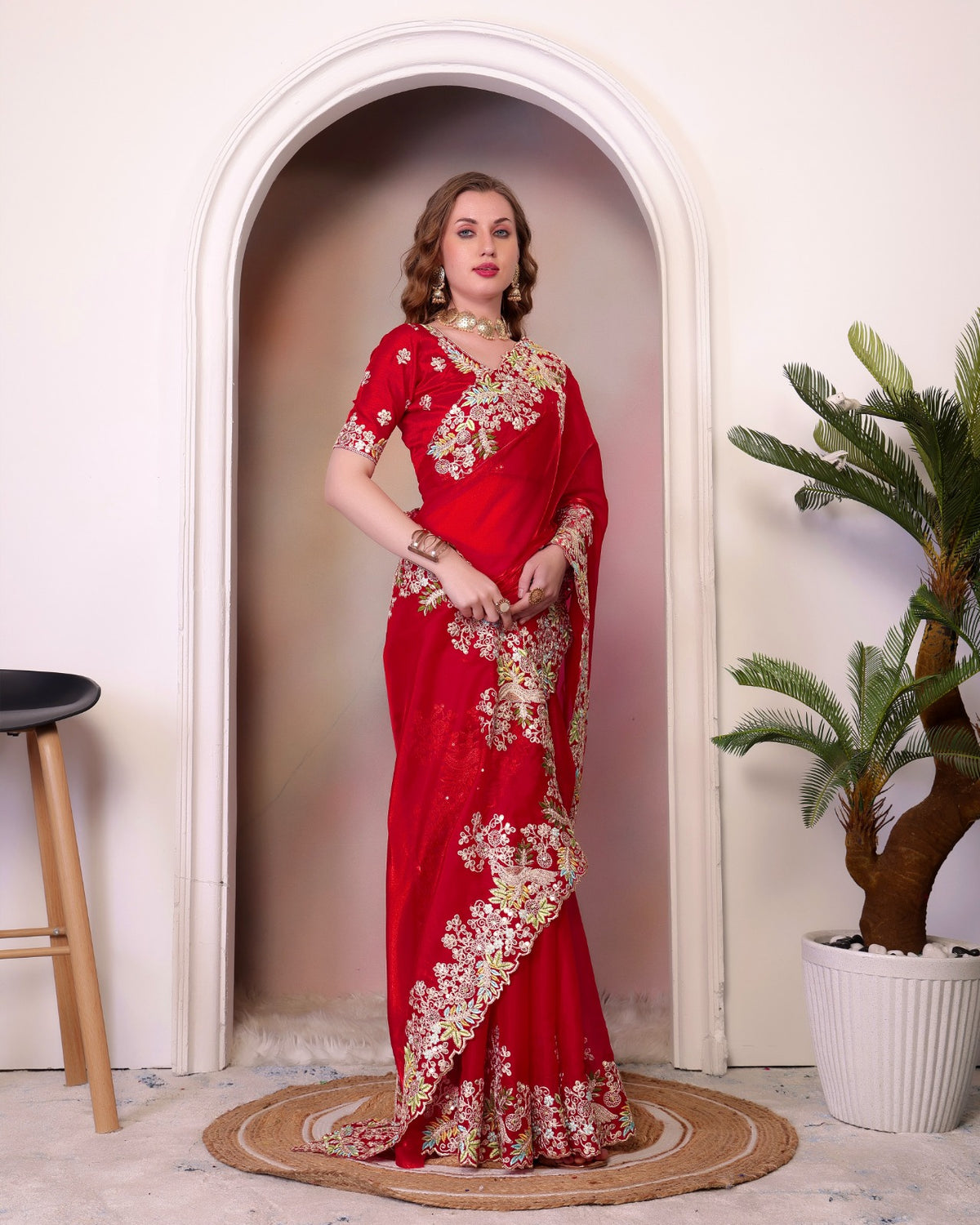 Red Embroidered Designer Saree with Blouse – Wedding & Party Wear
