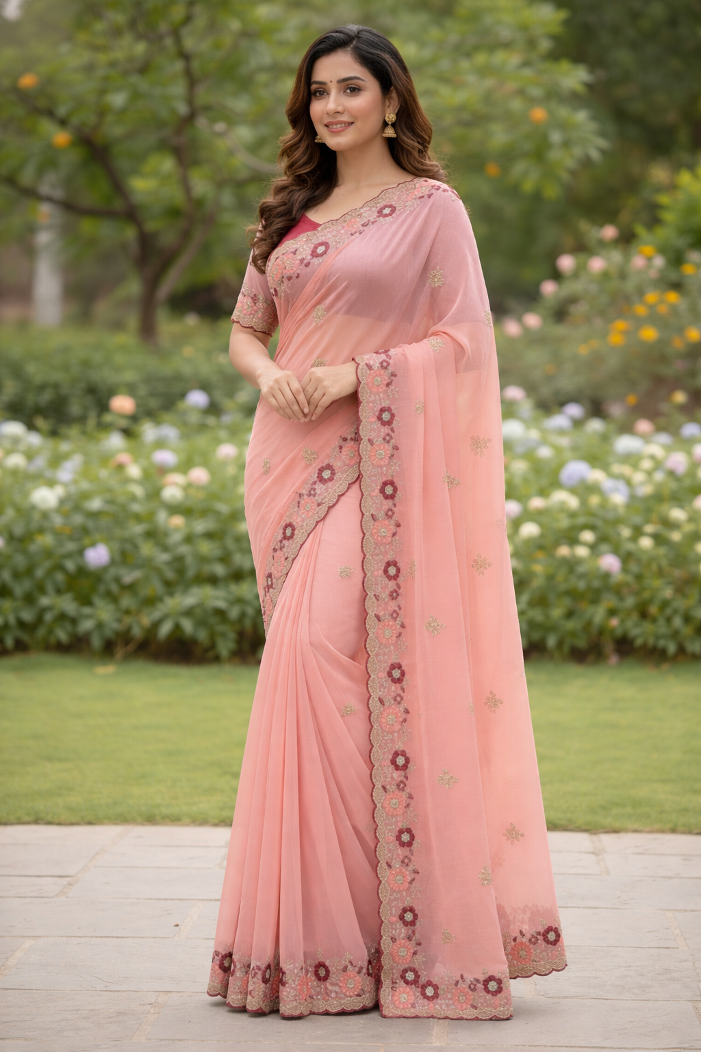 Peach Embroidered Saree with Floral Lace Border | UK Online