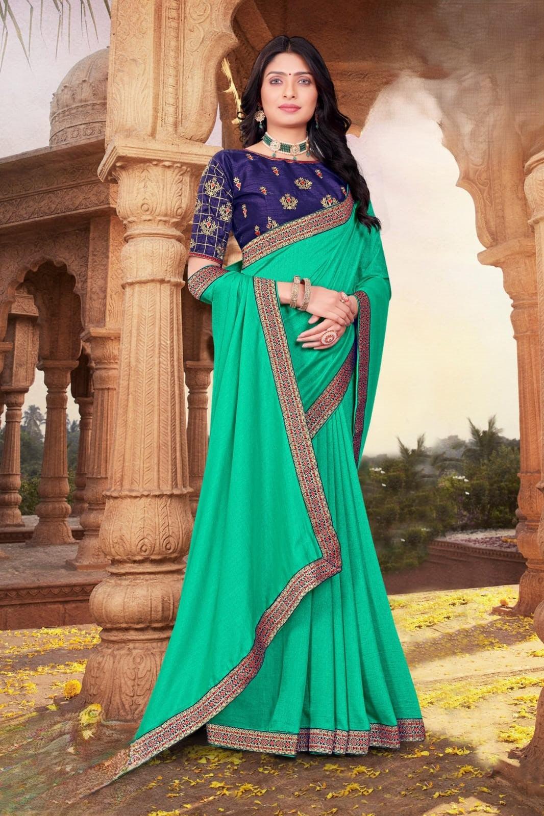 Mint Green  Vichitra Piece with Maharani Lace Details