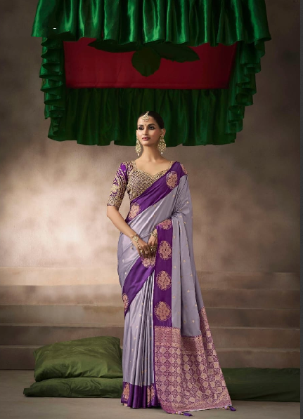 Lavender Embroidered Silk Designer Saree | Luxury Wedding Saree UK