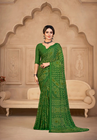 India Silk Green Chiffon Sarees Designed To Provide A Soft Flowing Silhouette That Enhances Your Natural Grace