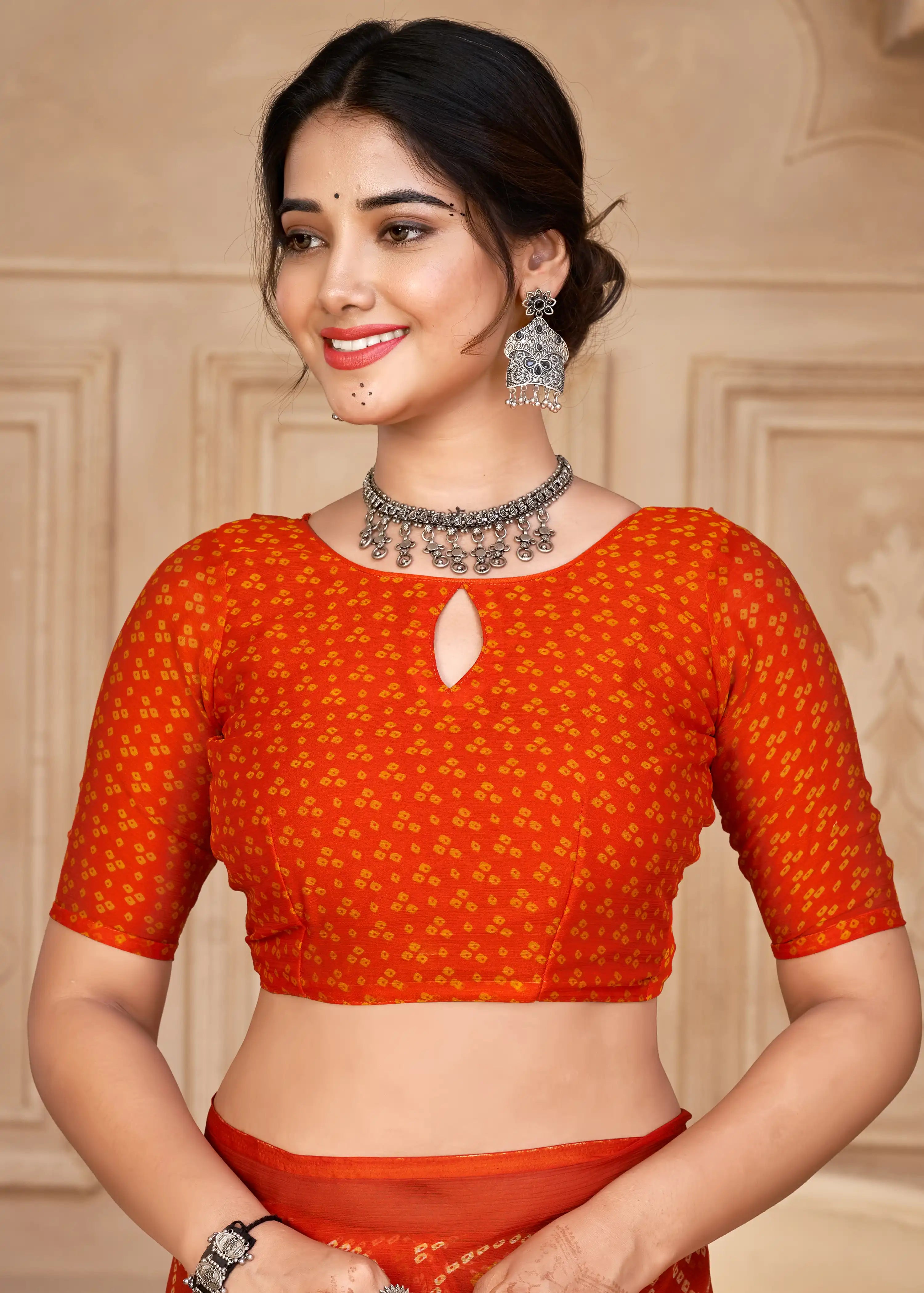 India Silk Orange Chiffon Sarees Designed To Provide A Soft Flowing Silhouette That Enhances Your Natural Grace
