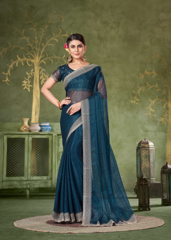 Elegant Teal Blue Designer Chiffon Saree with Embroidered Border | Party & Wedding Wear