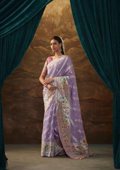 Lavender Embroidered Saree with Floral Border | Elegant Indian Ethnic Wear UK