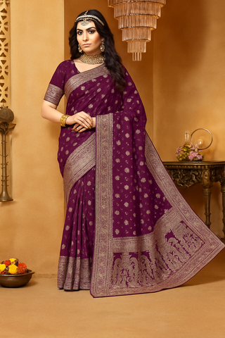 Royal Plum Zari Weaving Banarasi Silk Saree In Wine| Indian Wedding & Party Wear