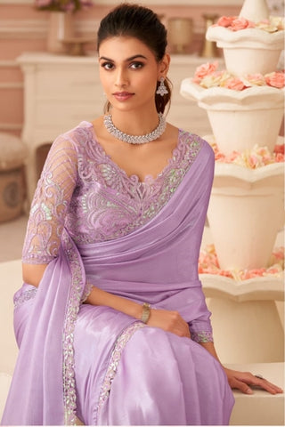 Lavender Pastel Embroidered Saree for Weddings & Parties | UK