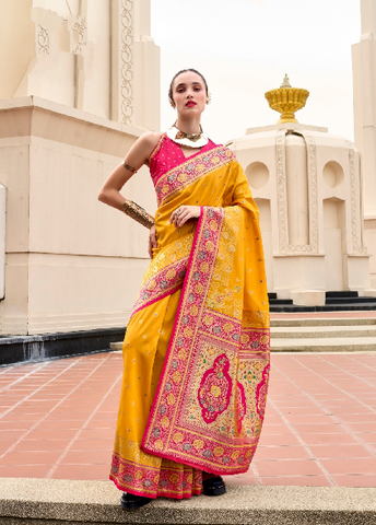 Yellow Banarasi Silk Saree with Zari Border | Traditional Indian Ethnic Wear