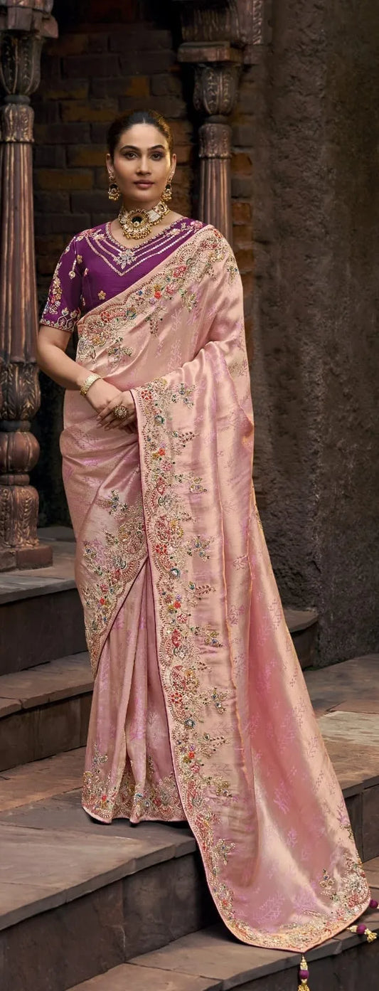 Pastel Pink Viscose Self Tissue SIlk Designer Saree With Heavy Blouse