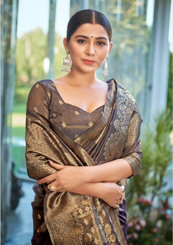 Grey Banarasi Silk Saree with Antique Gold Zari – Design | Elegant Saree UK