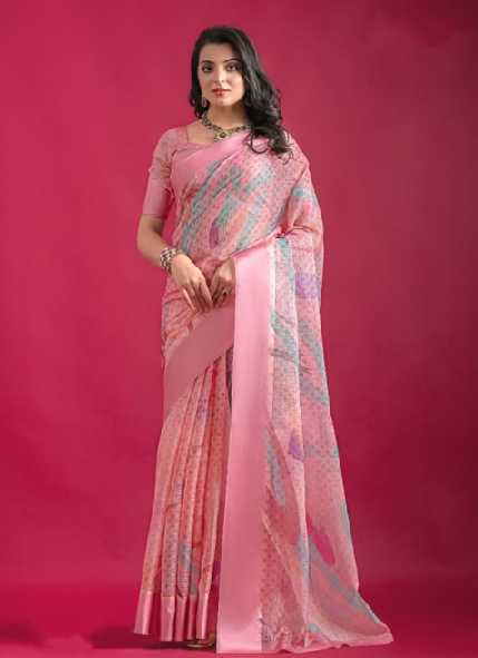 Pink Premium Printed Pure Linen Saree with Elegant Floral Design – Lightweight Party Wear Indian Saree UK
