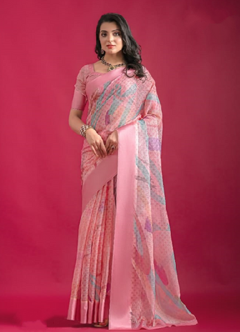 Pink Premium Printed Pure Linen Saree with Elegant Floral Design – Lightweight Party Wear Indian Saree UK