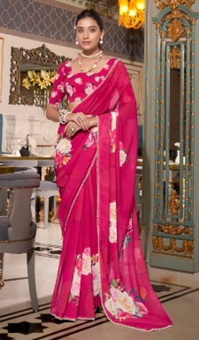 Pink Floral Printed Saree with Pearl Border | Elegant Sarees UK