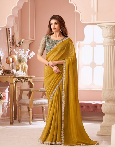 Mustard Designer Embroidered Saree with Blouse | UK Online Store