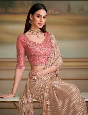 Beige Luxury Embroidered Party Wear Saree with Designer Blouse for Special Occasions