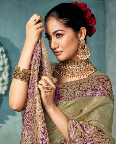 Soft Banarasi Silk Saree in Olive Green   – Heavy Zari Weaving Border | Wedding & Party Wear Indian Saree UK