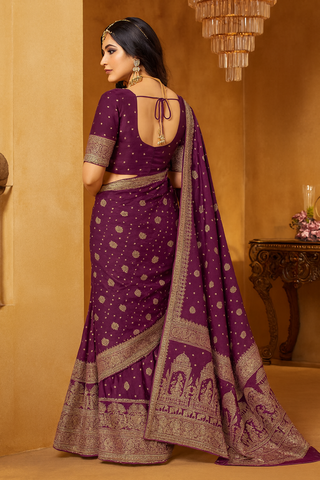 Royal Plum Zari Weaving Banarasi Silk Saree In Wine| Indian Wedding & Party Wear