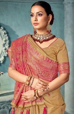 Soft Banarasi Silk Saree in  Golden  – Heavy Zari Weaving Border | Wedding & Party Wear Indian Saree UK