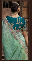 Teal Embroidery Sequins Work Tradional Viscose Tissue Saree