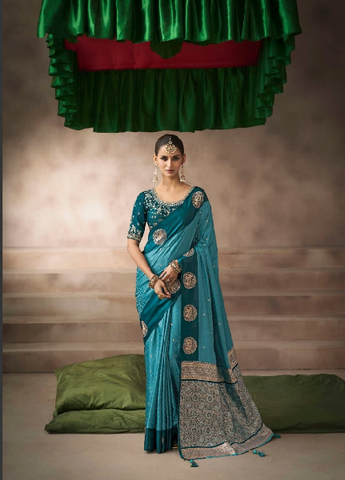 Sea Green Embroidered Silk Designer Saree | Luxury Wedding Saree UK
