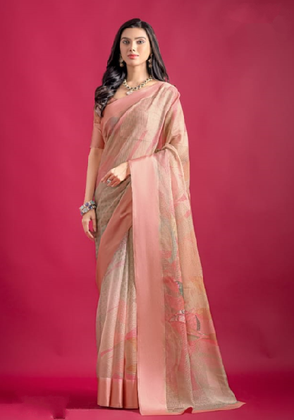 Peach Premium Printed Pure Linen Saree with Elegant Floral Design – Lightweight Party Wear Indian Saree UK